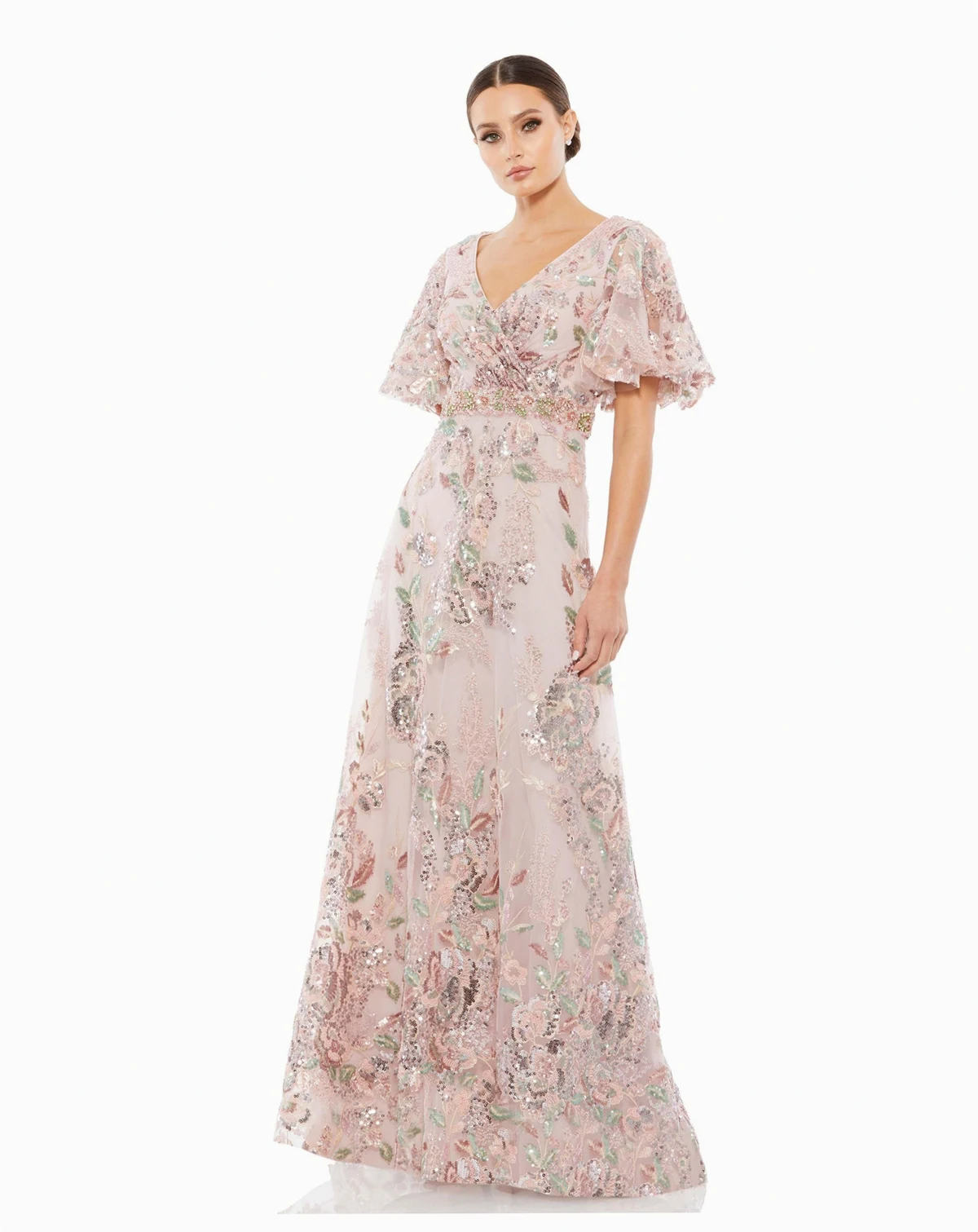 Women's Floral Embellished Short-Sleeve Faux Wrap Gown