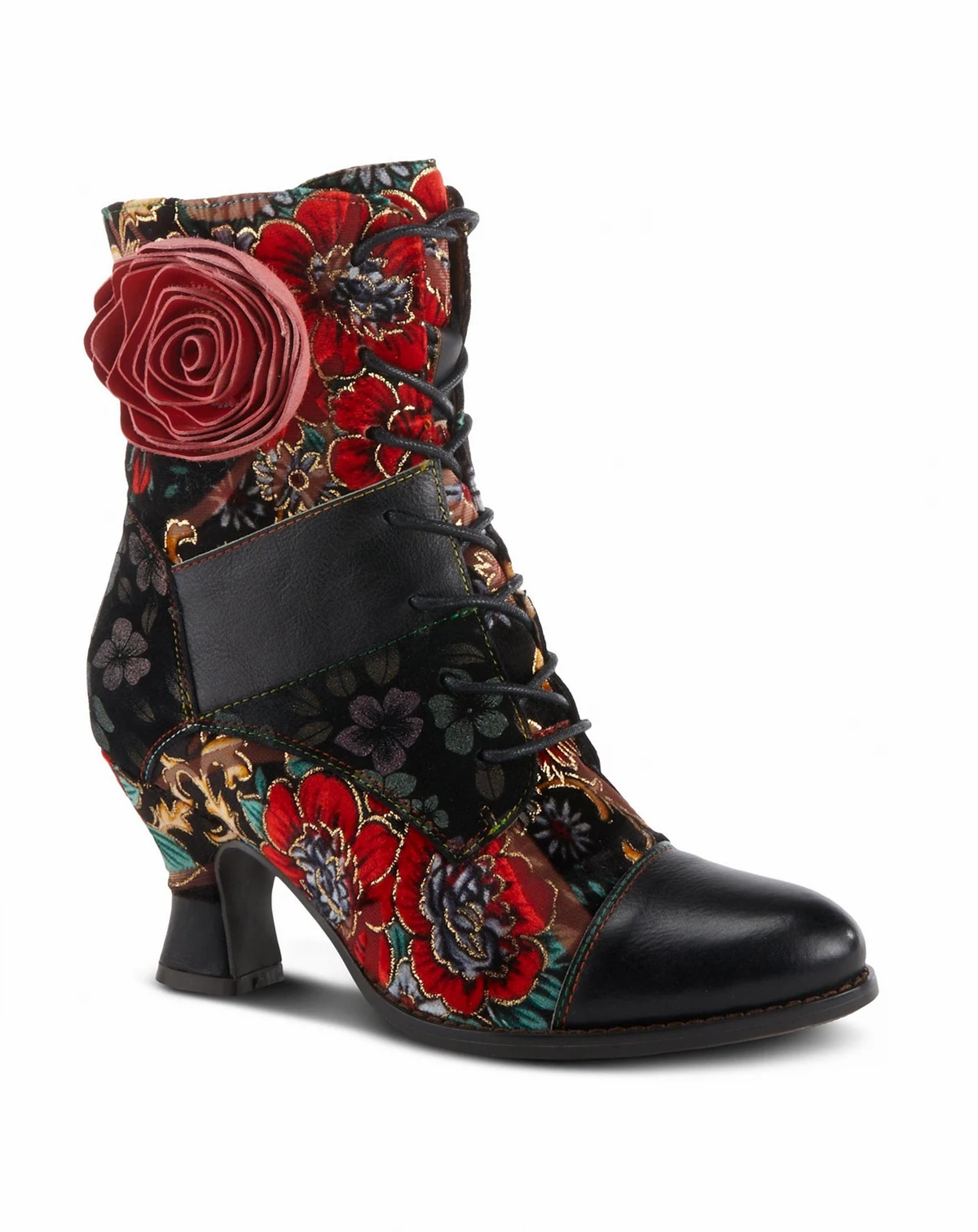 L Artiste Women s ROSELIA Lace-Up Floral Tapestry Boots with Sculpted Heel and Inside Zipper