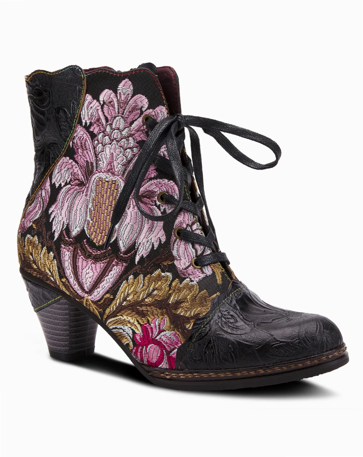 L’Artiste Women’s SIREN Embroidered Floral Lace-Up Booties with Embossed Leather, Scalloped Trim & Cone Heel