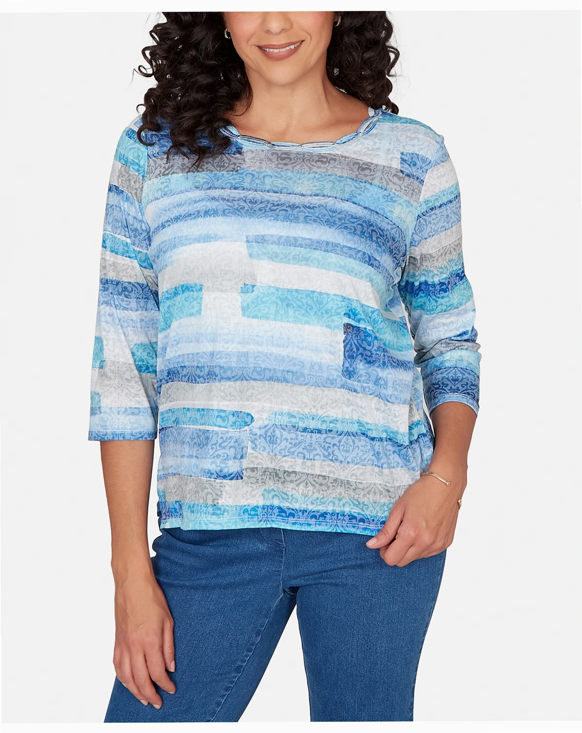 Women's Classic Brushstroke Biadere Embellished Neck Top