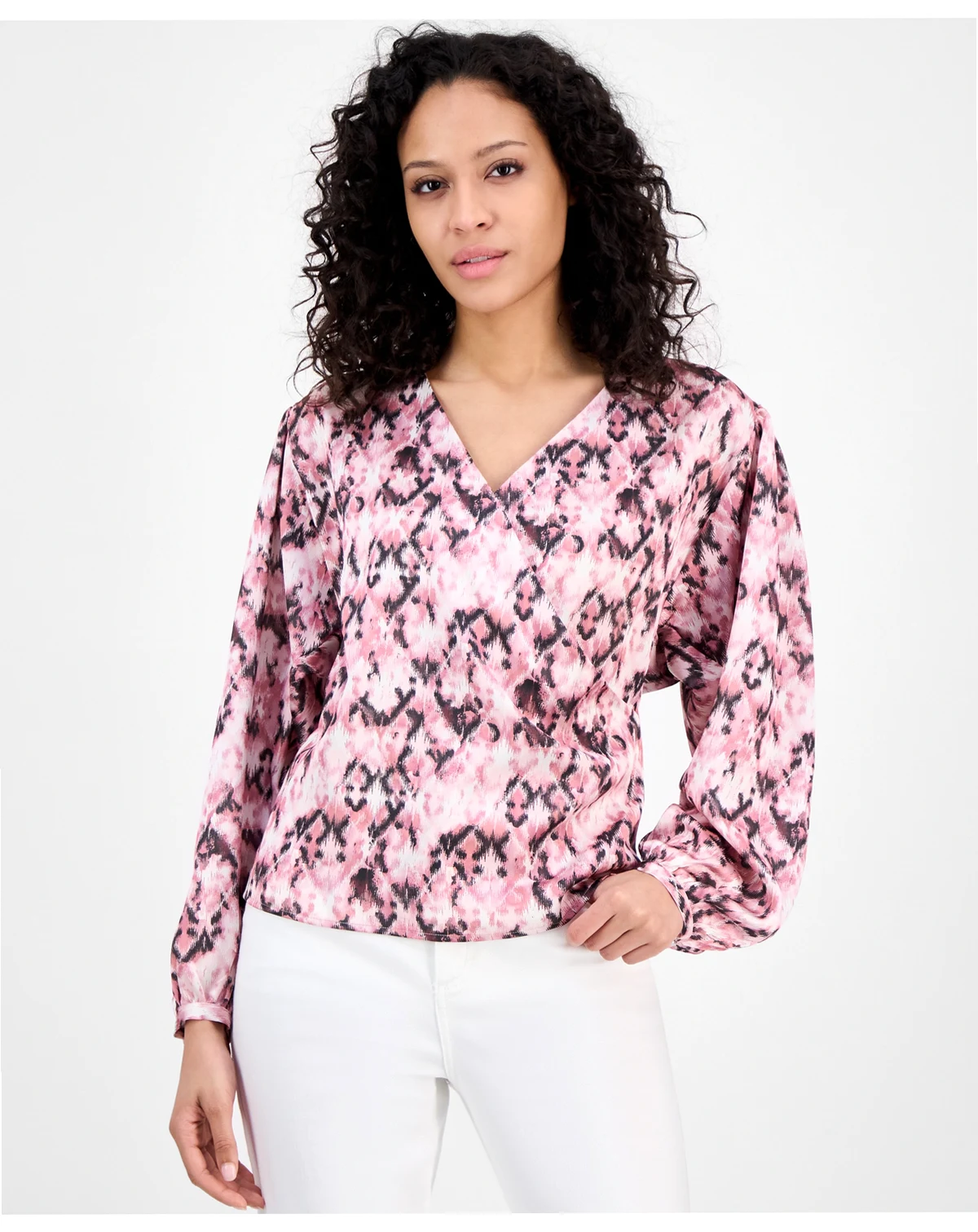 Women's Printed Long-Sleeve V-Neck Blouse