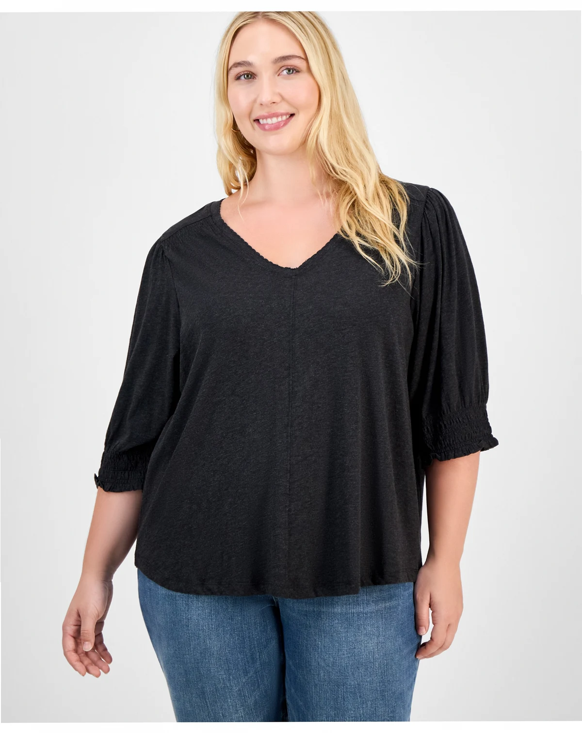 Trendy Plus Elbow-Sleeve Smocked-Cuff Blouse