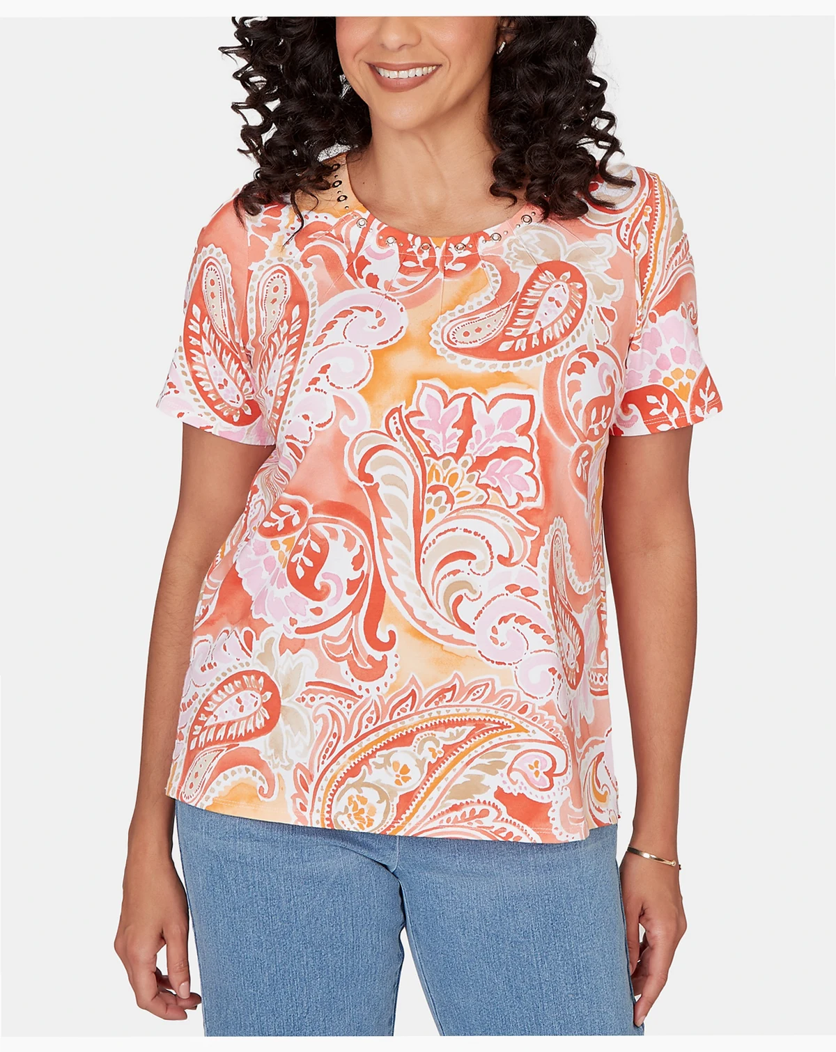 Women's Paisley Beaded Neck Pleated T-Shirt