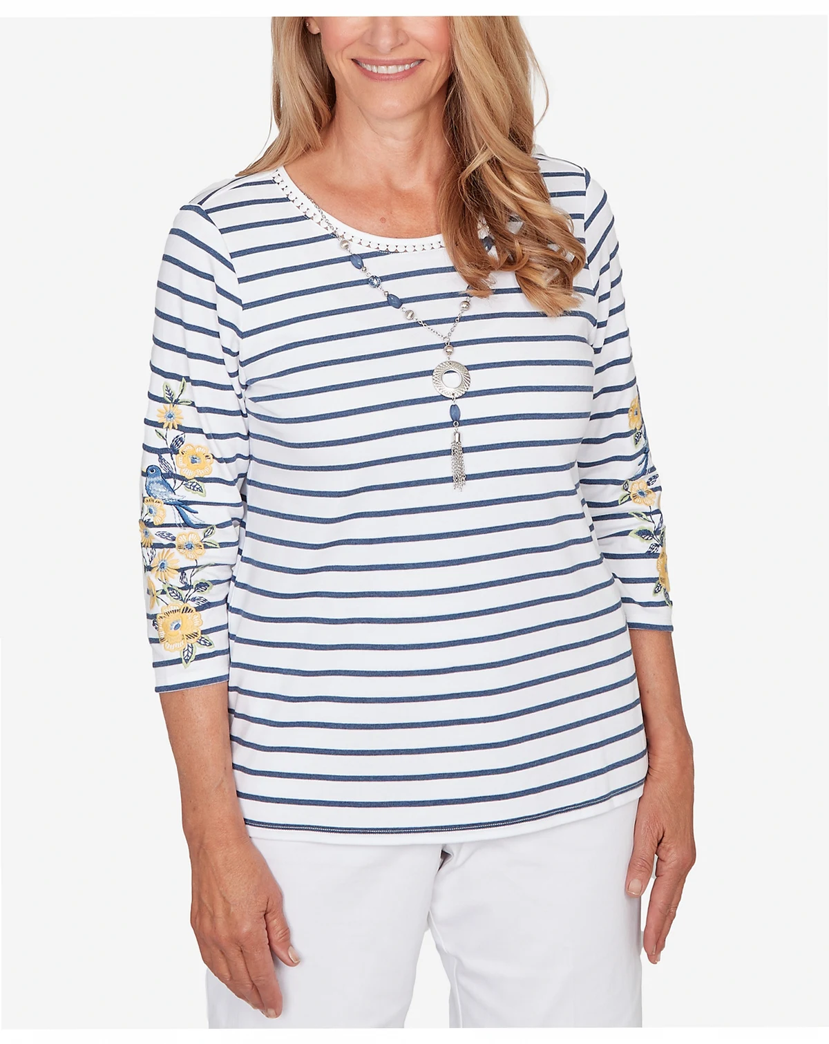 Women's Classic Floral Embroidered Stripe Top with Necklace