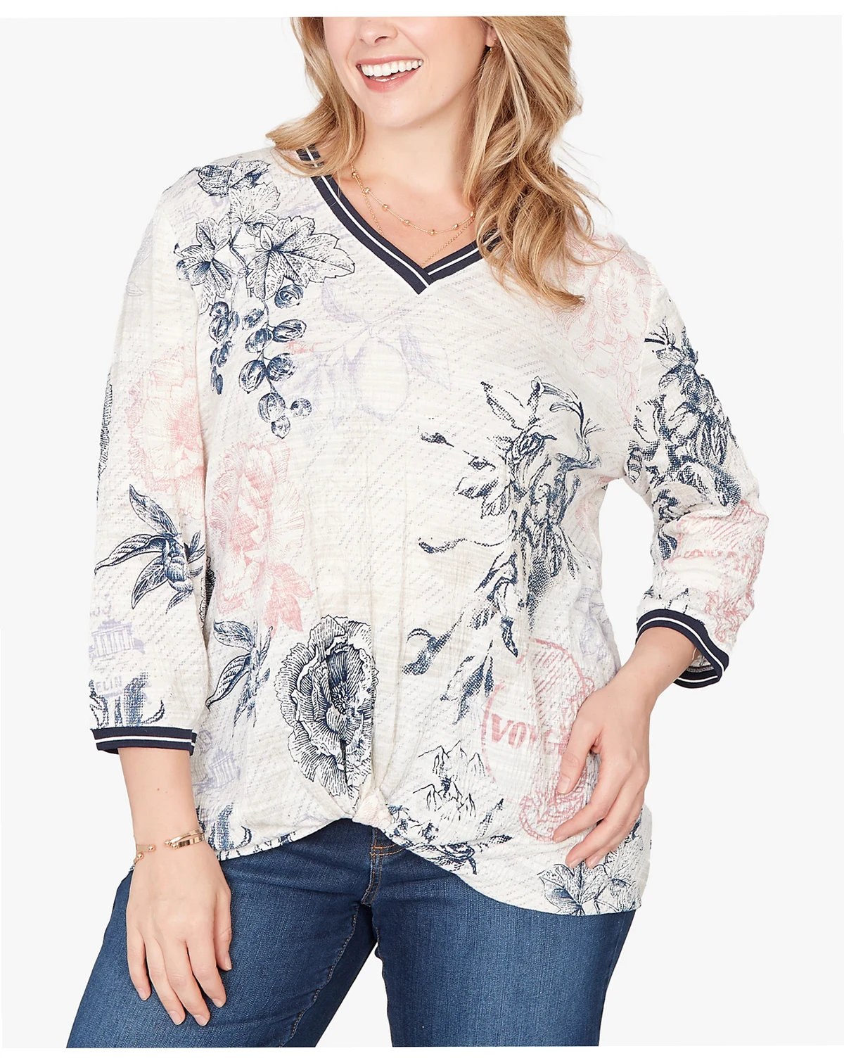 Plus Size Botanical Stamp Knit Twist Front Top