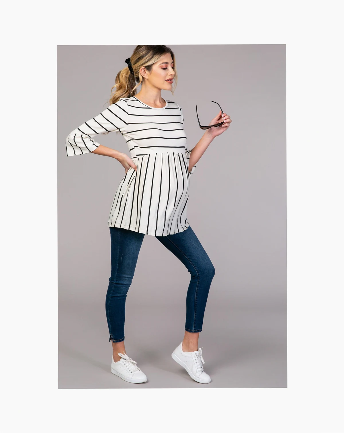 Maternity Ivory Striped Peplum Ruffle Top