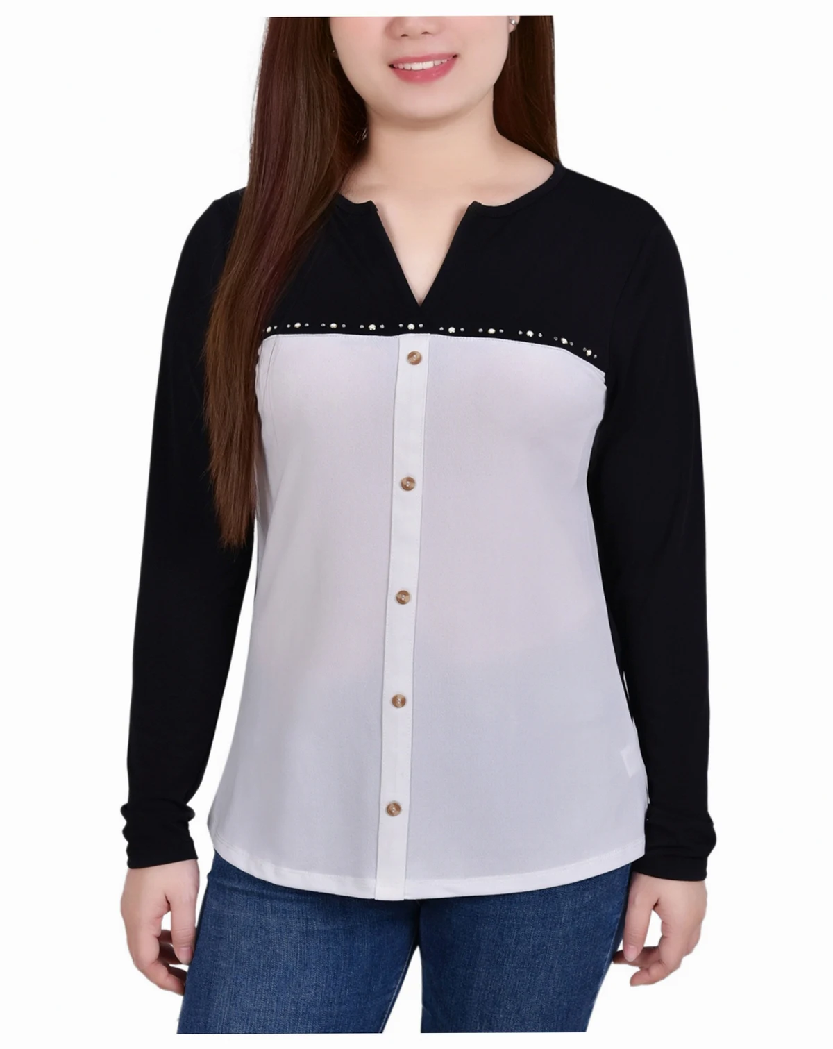 Women's Studded Color Blocked Split Neck Top