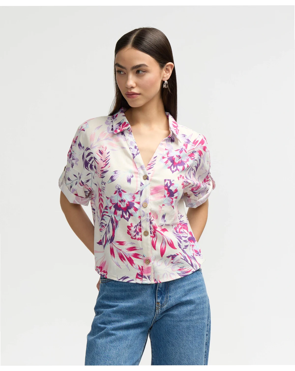 Women s Button Front Cropped Shirt