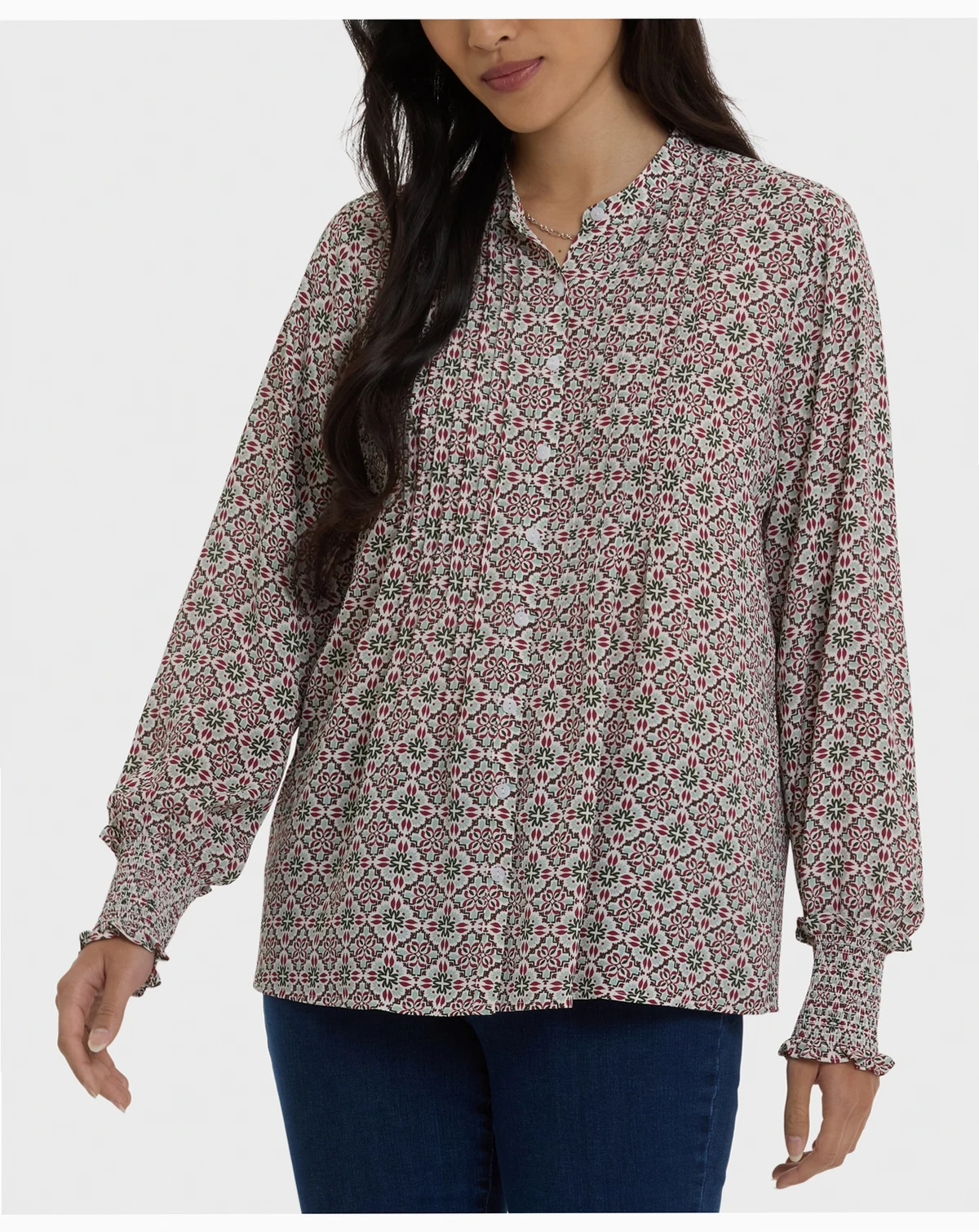 Women's Pleated Peasant Blouse Long Sleeve Top