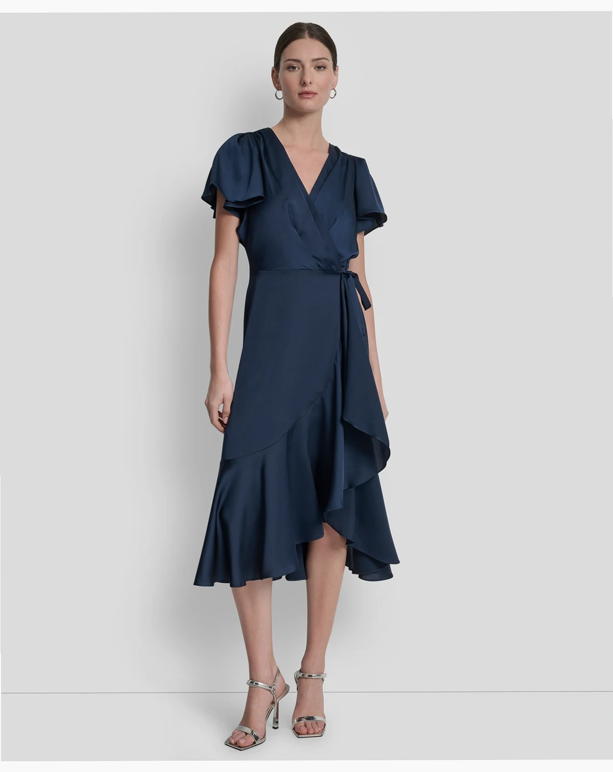 Women's Short Sleeve Faux Wrap Midi Dress
