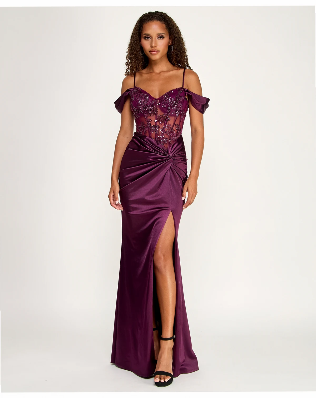 Juniors Off-The-Shoulder Satin Gown with Beaded Bodice and Knot Skirt Detail