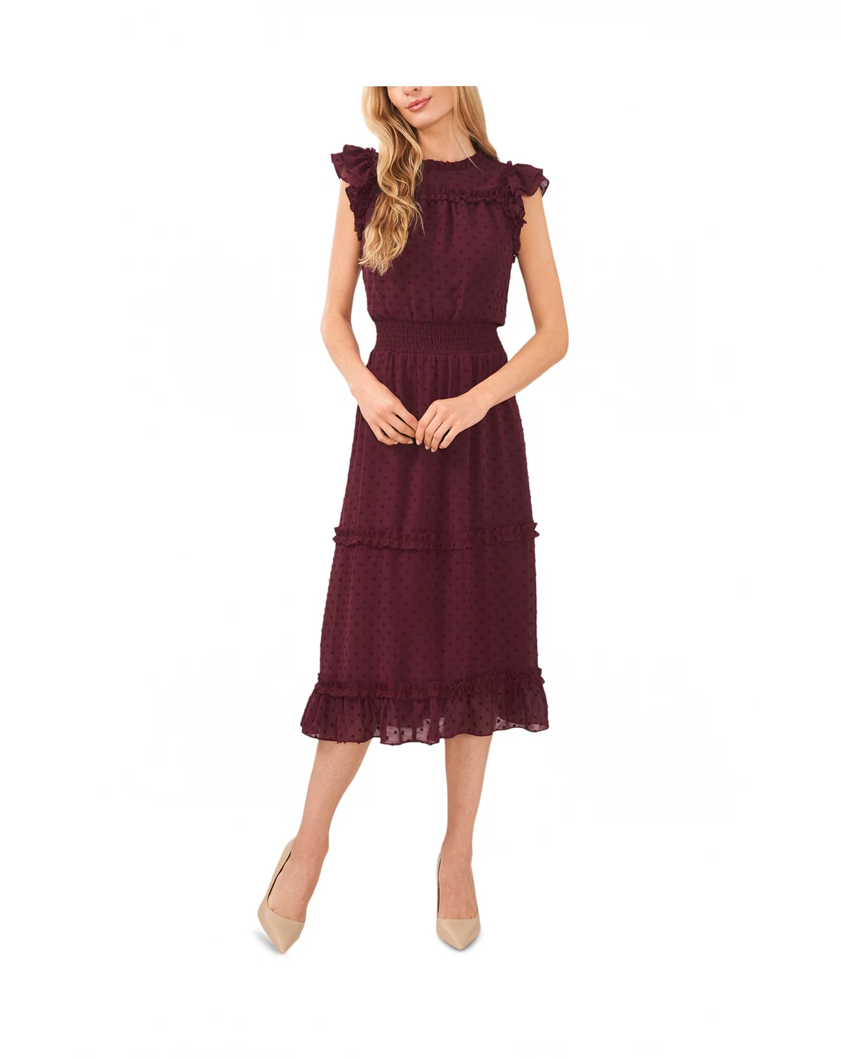 Women's Ruffled Flutter Sleeve Swiss Dot Midi Dress
