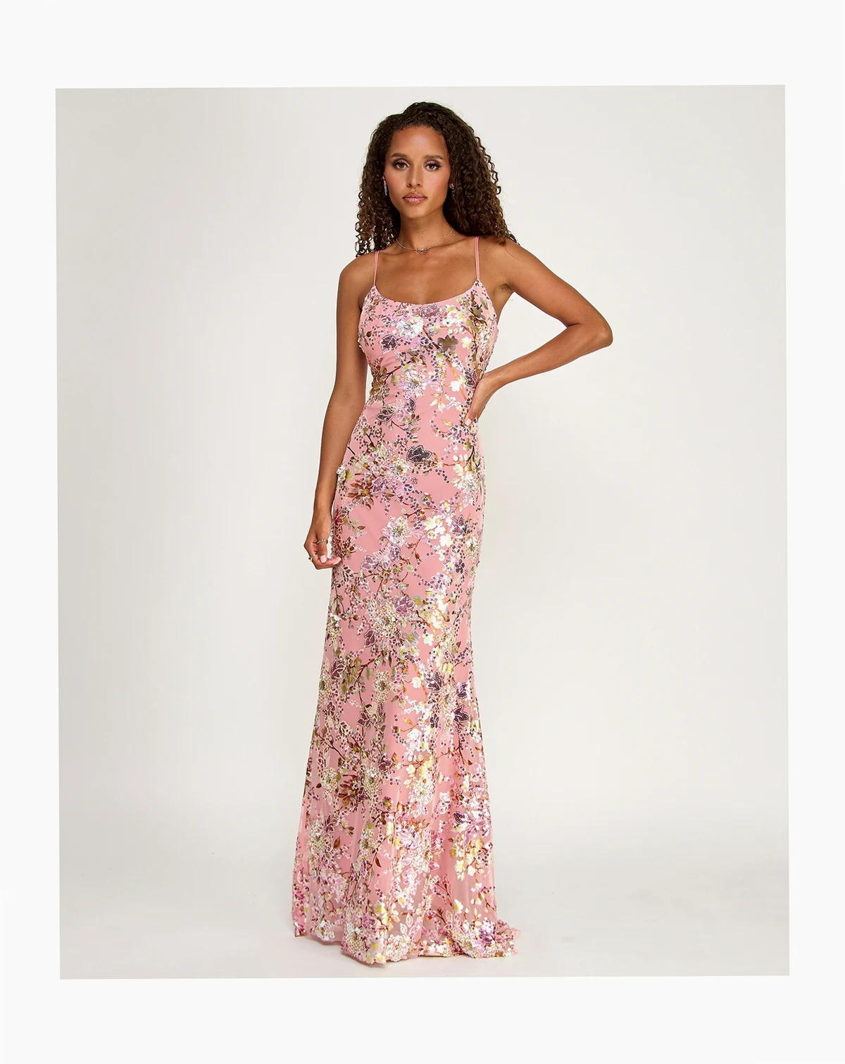 Juniors' Floral Sequin Scoop Neck Gown