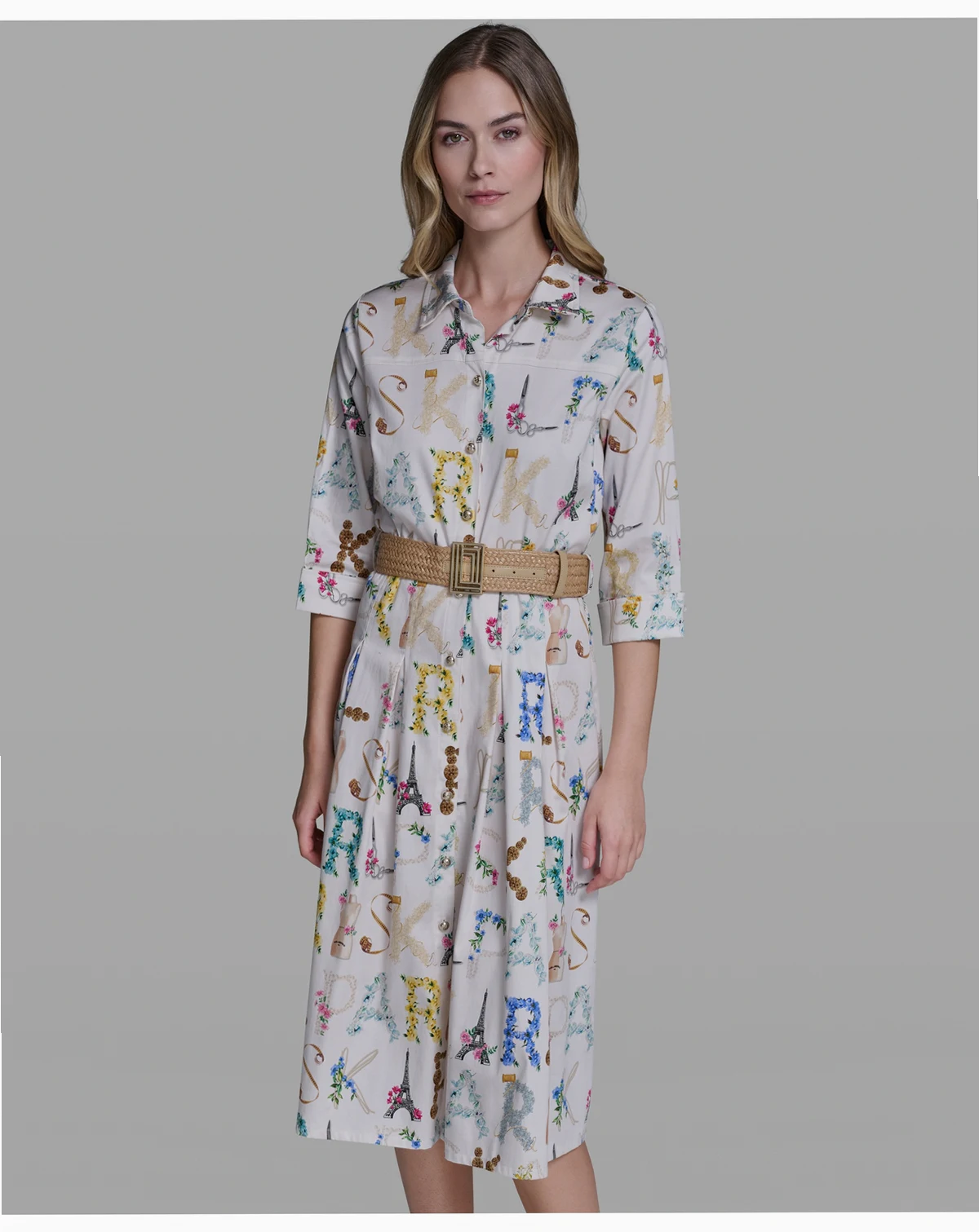 Women's Allover Print Belted Collared Shirt Dress