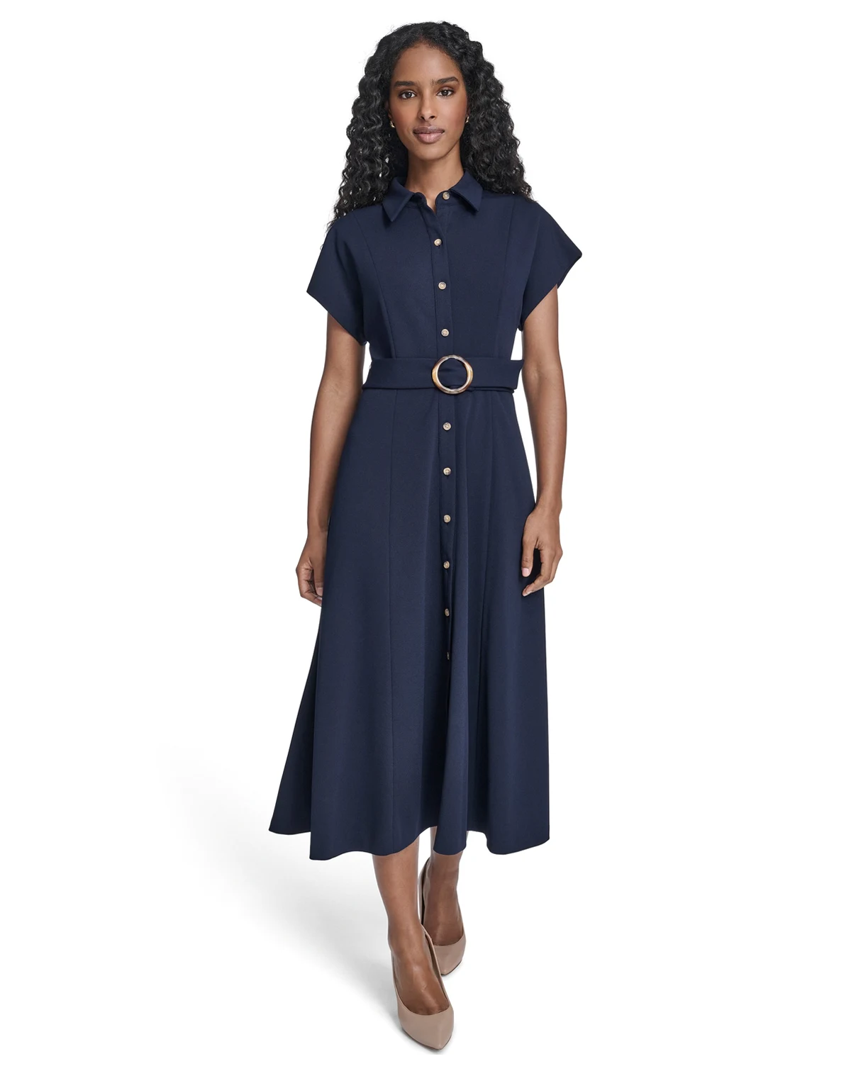 Women's Extended Cap-Sleeve Belted Shirt Dress