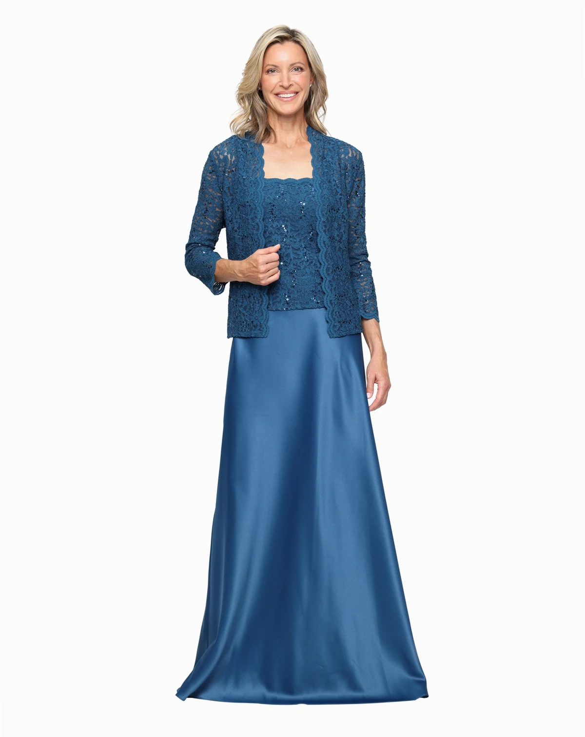 Women's 3/4-Sleeve Scalloped Jacket & Gown, 2-Piece Set