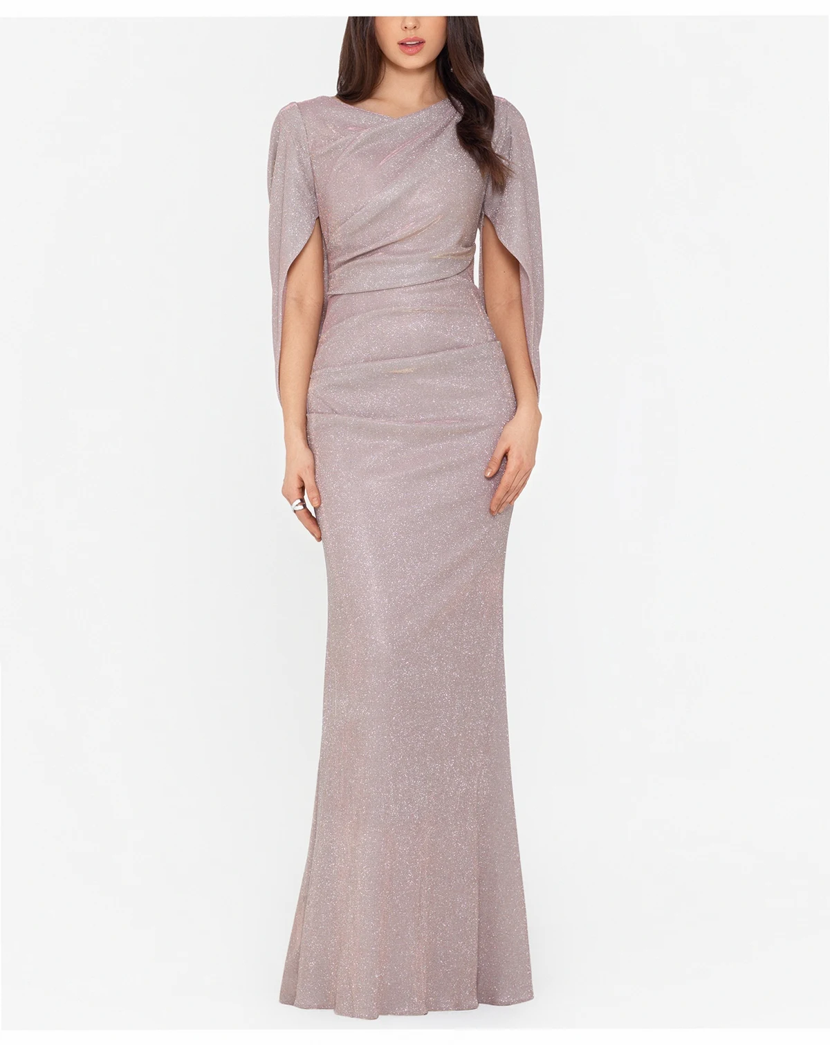 Women's Glitter Drape-Back Cape Gown