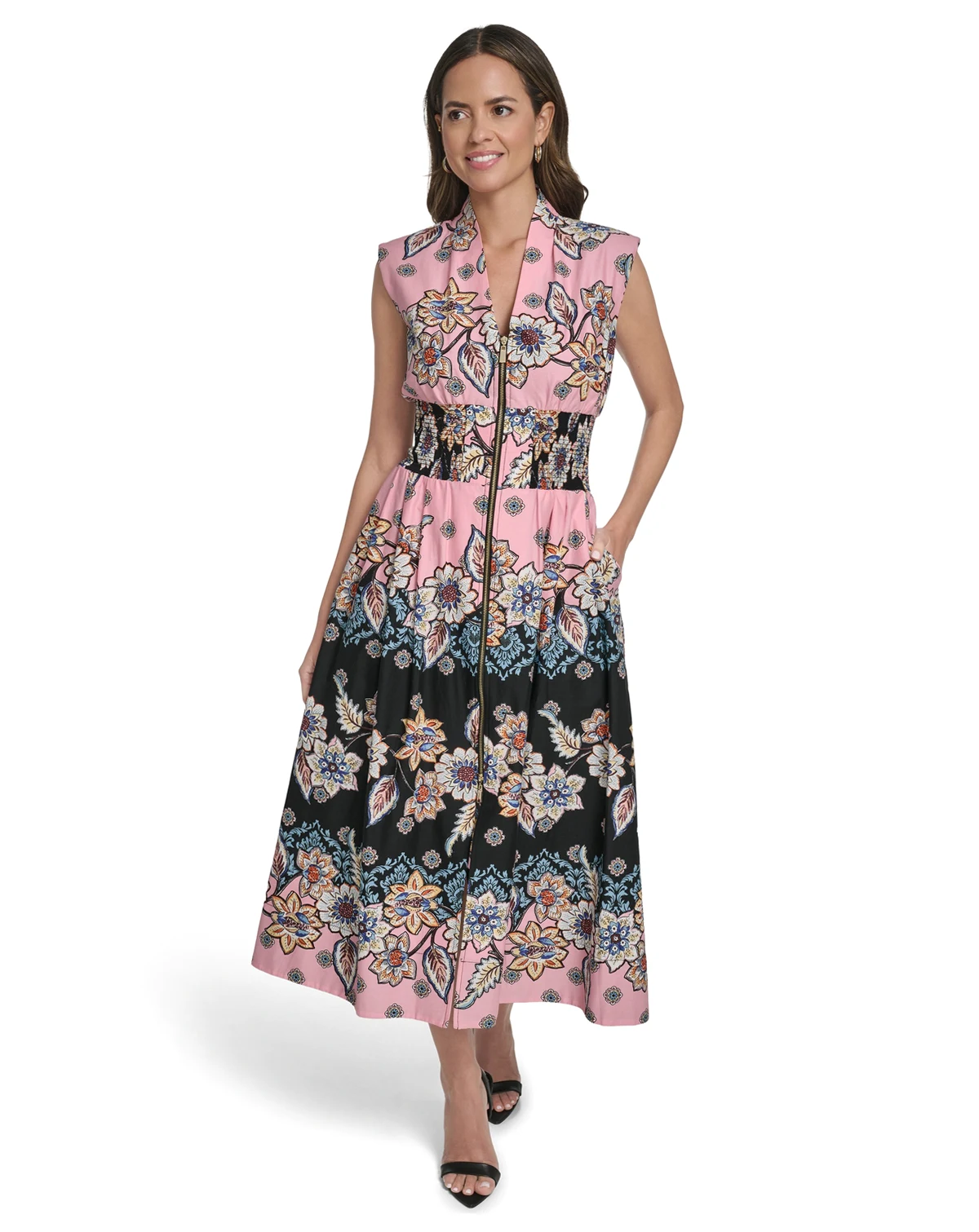 Women's Front Zip Smock Waist Midi Dress