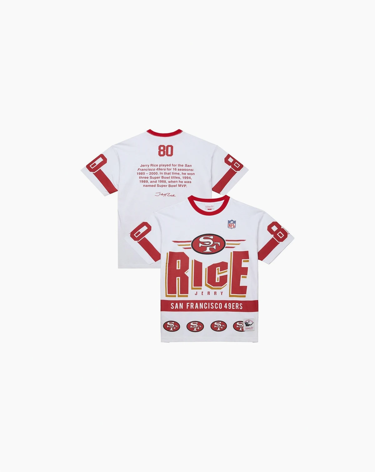 Men's Jerry Rice White San Francisco 49ers Name Number Team Origins Vintage Logo T-Shirt