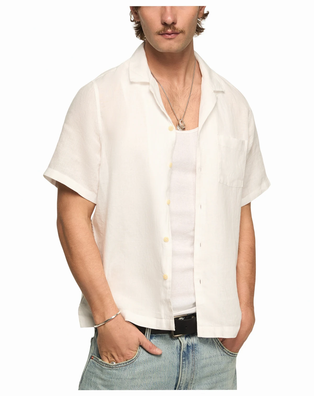 Men's Short-Sleeve Linen Camp-Collar Shirt