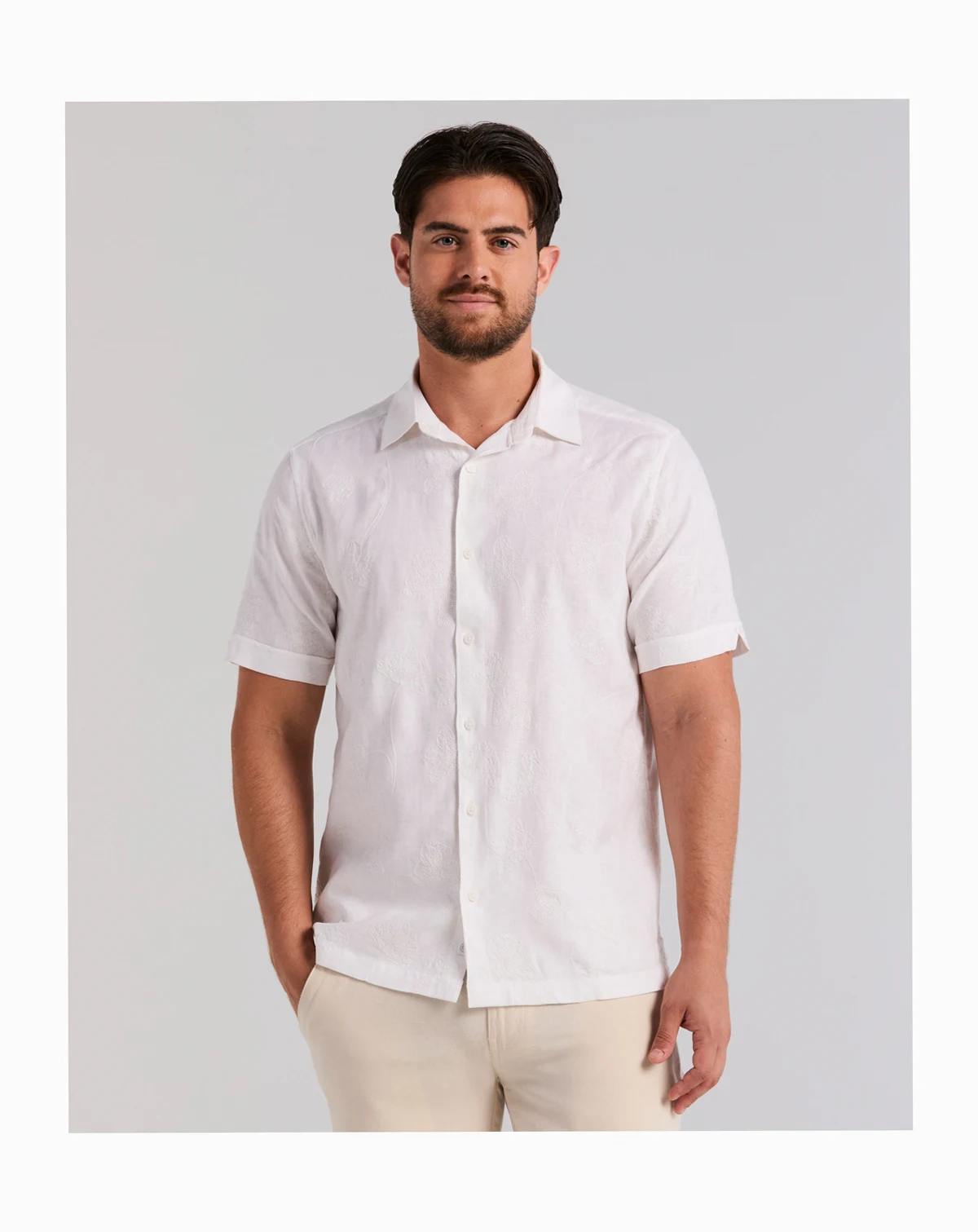 Men's Floral Linen Shifley Embroidered Button-Down Shirt