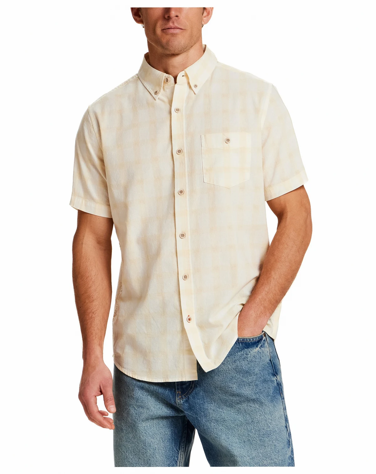 Men's Short-Sleeve Button Down Dobby Check Cotton Shirt