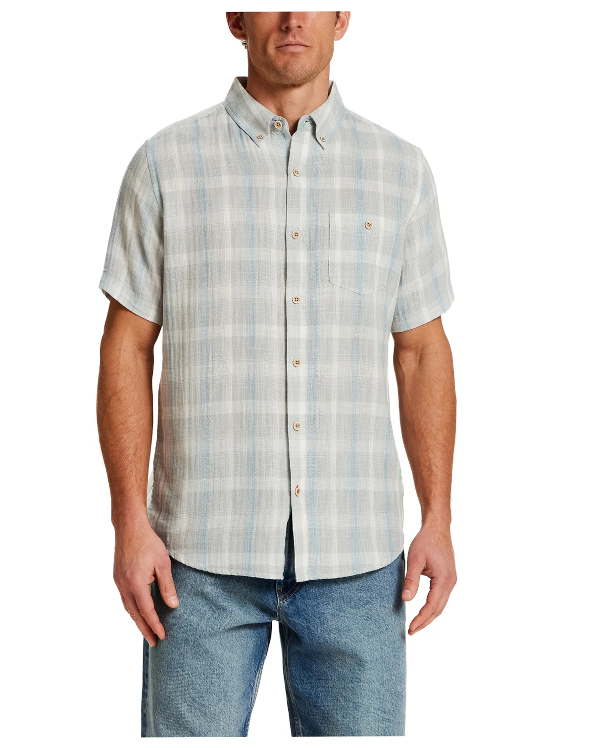 Men's Short-Sleeve Button Down Herringbone Plaid Shirt