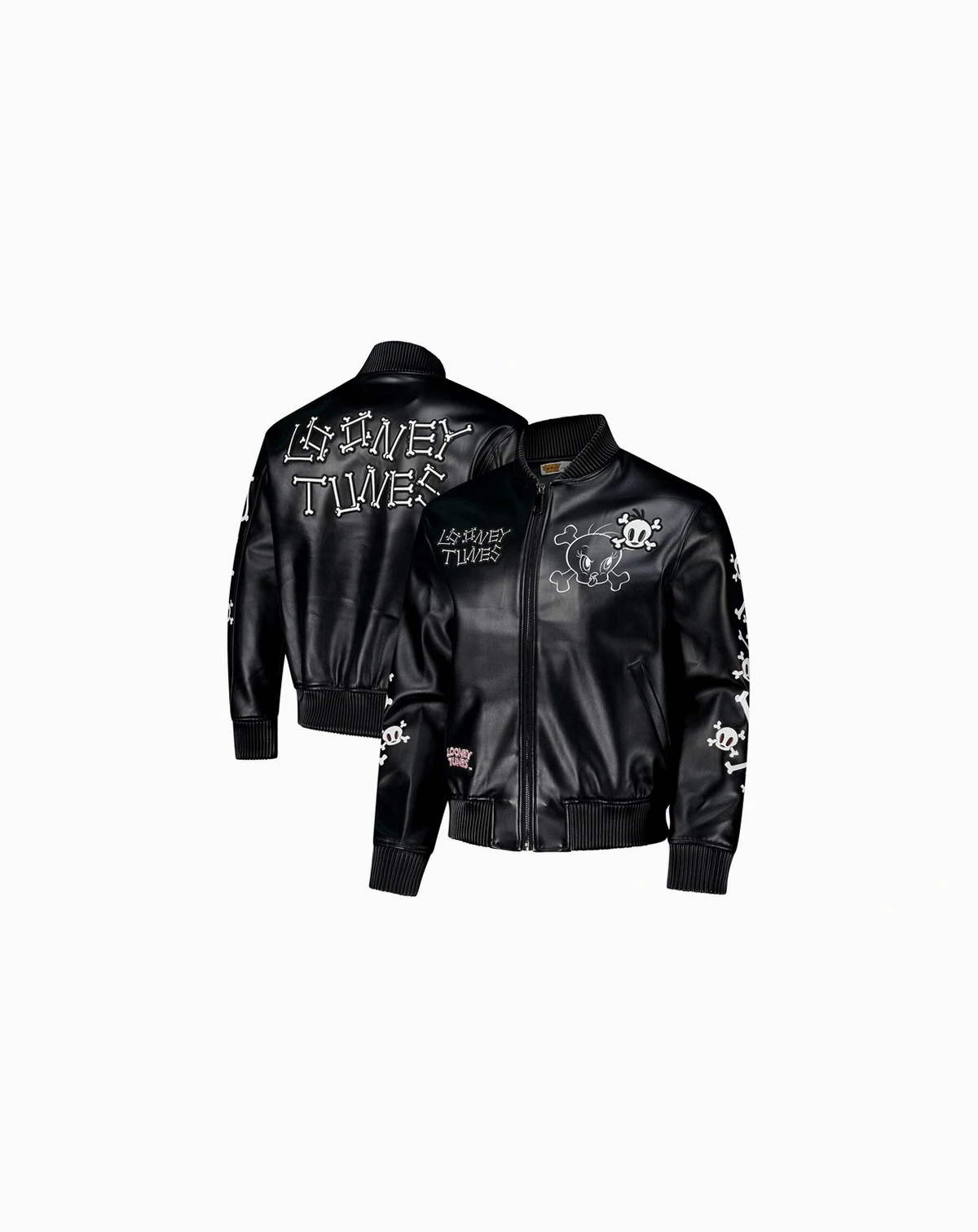 Men's Black Looney Tunes Tweety Bones Full-Zip Varsity Jacket
