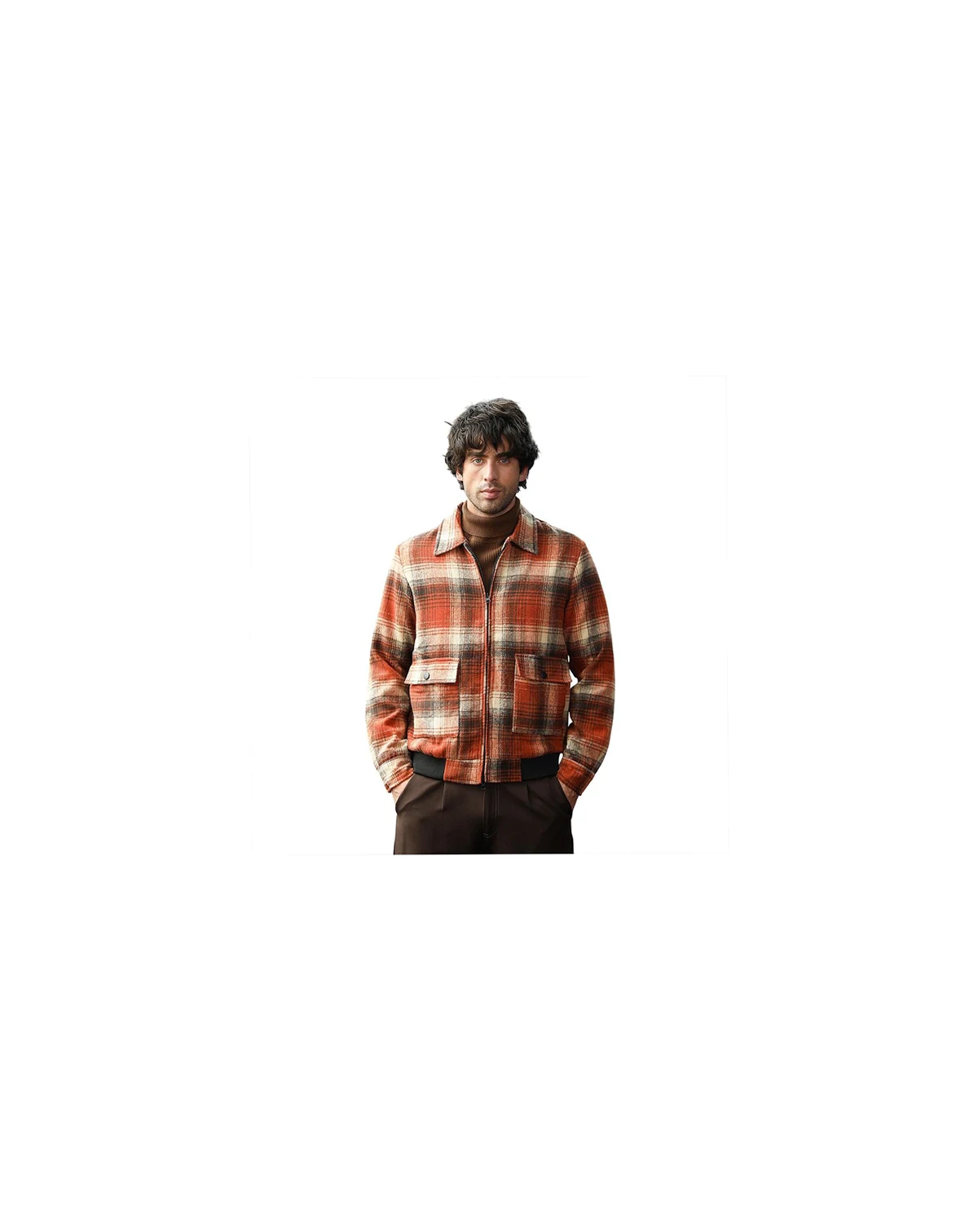 Men's Burnt Sienna Zip-Front Plaid Jacket.