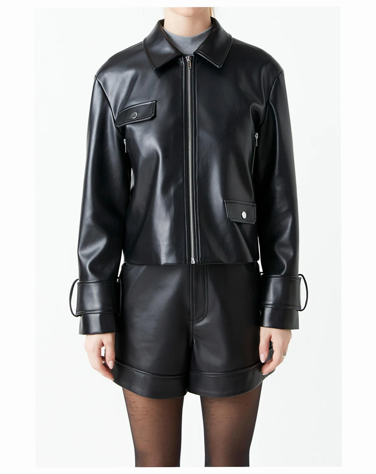 Women's Zip Up Cropped Faux Leather Jacket