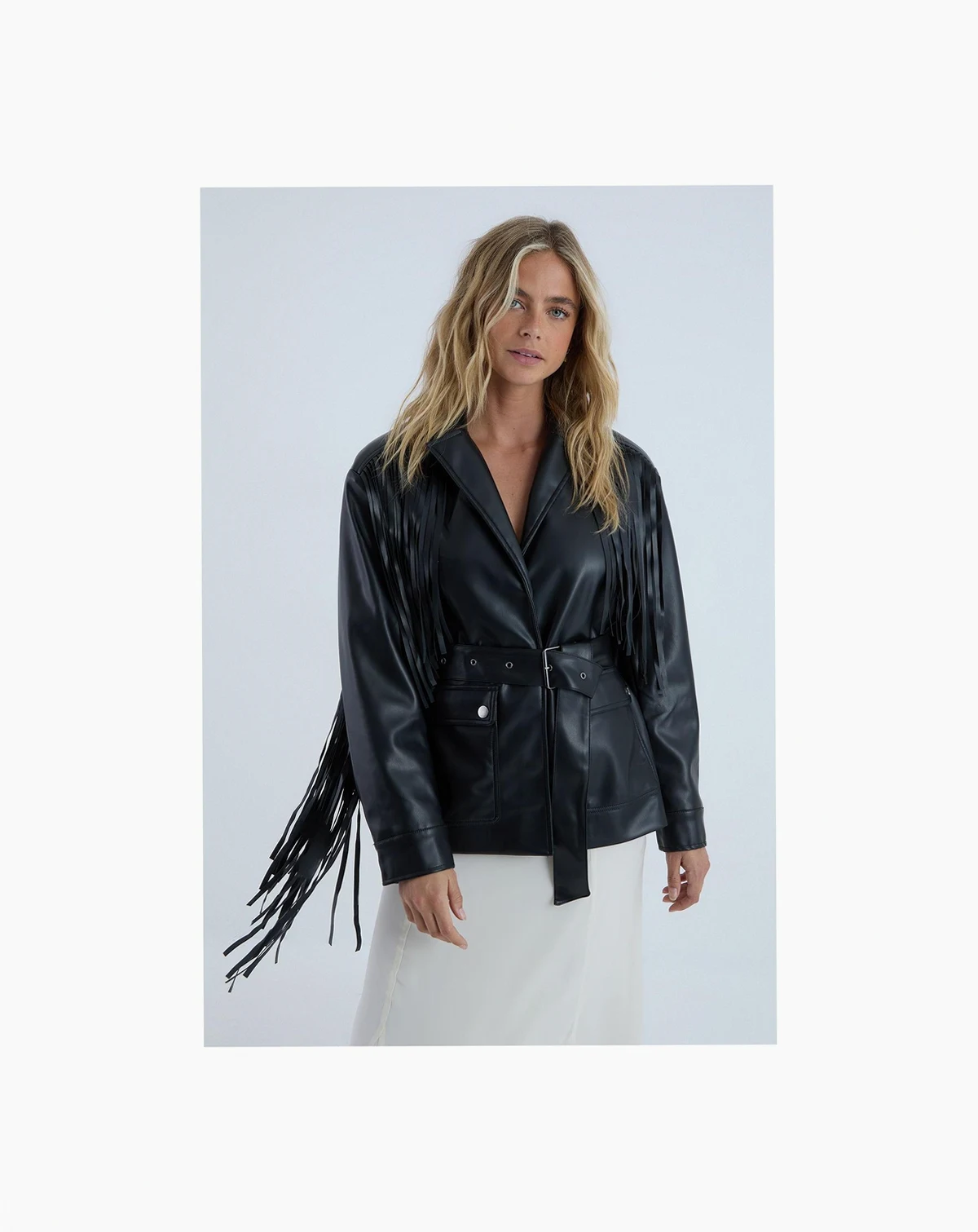 Women's Fringe Faux Leather Belted Jacket