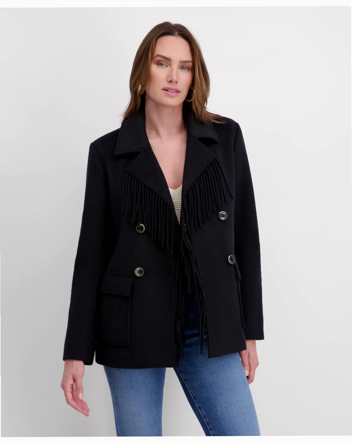 Women's Double Breasted Patch Pocket Wool Jacket with Fringe