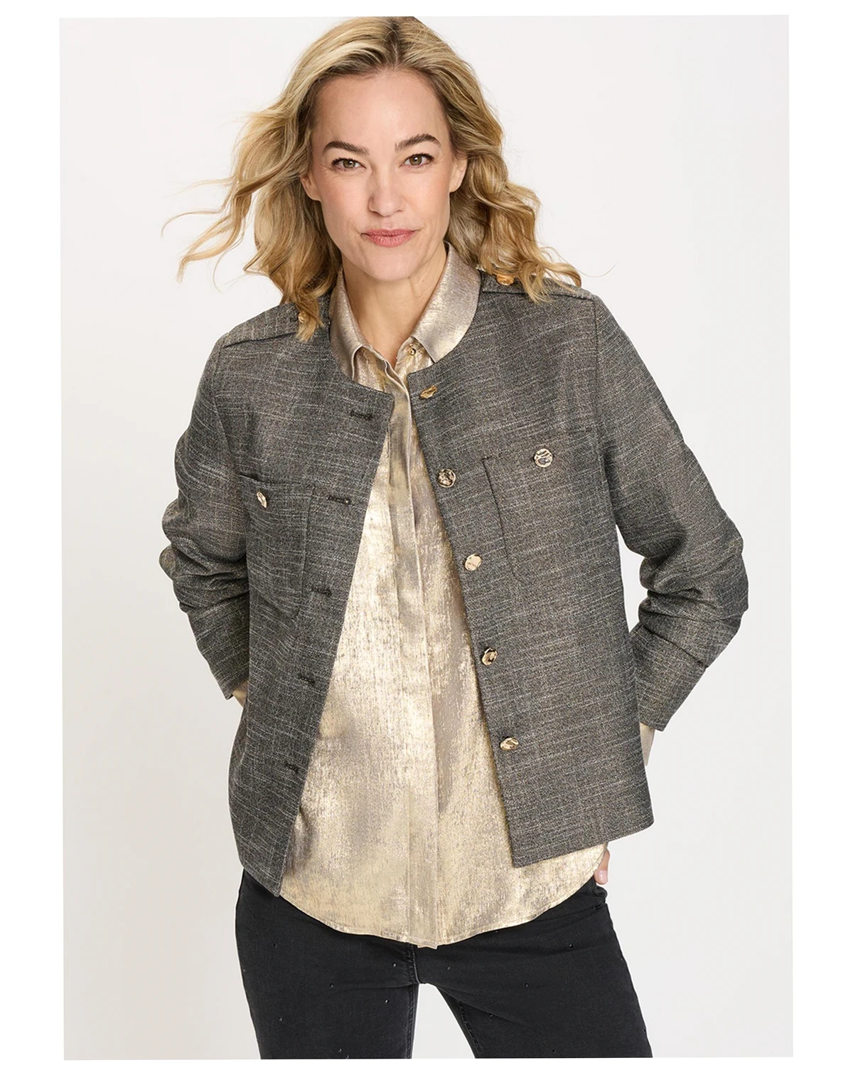 Women's Collarless Sparkle Jacket with Gold Buttons