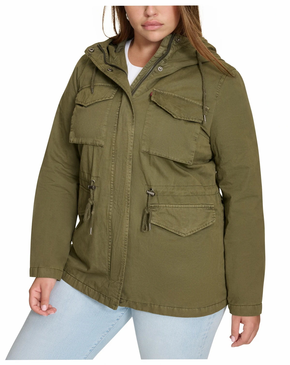 Plus Size Cotton Hooded Military Zip-Front Jacket