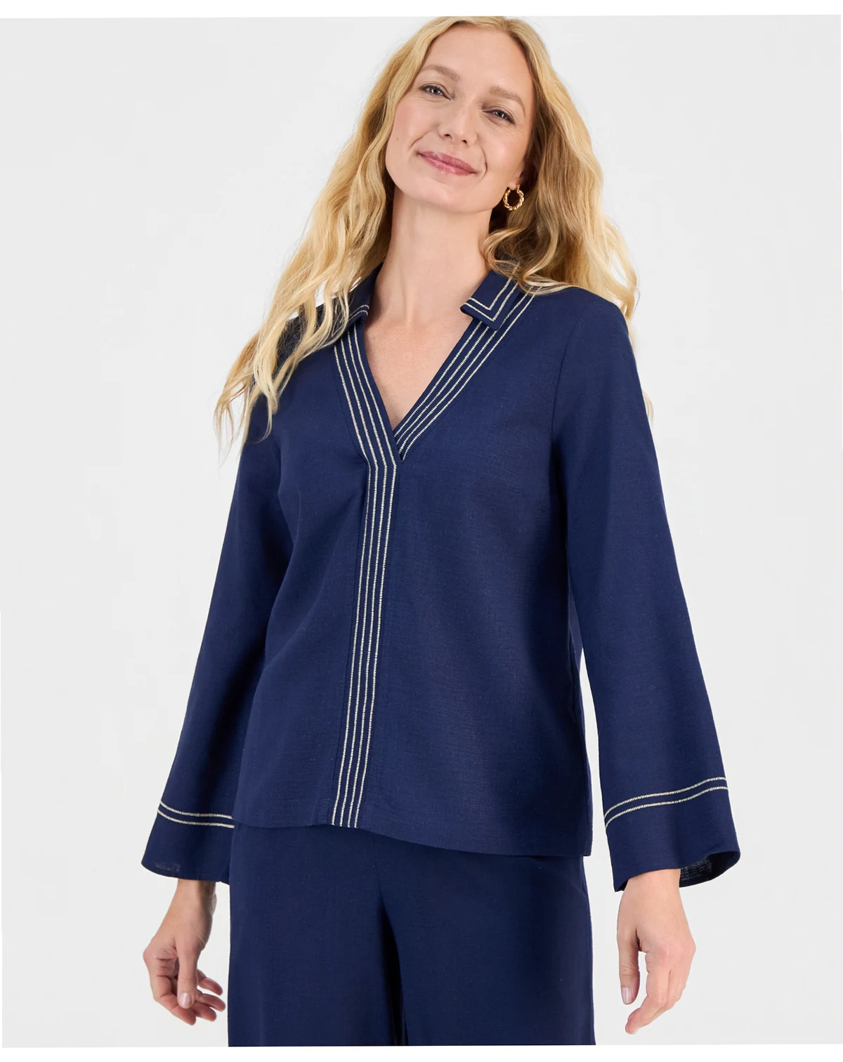 Women's Trapunto Stitch Collared Long-Sleeve Top, Macy's Exclusive