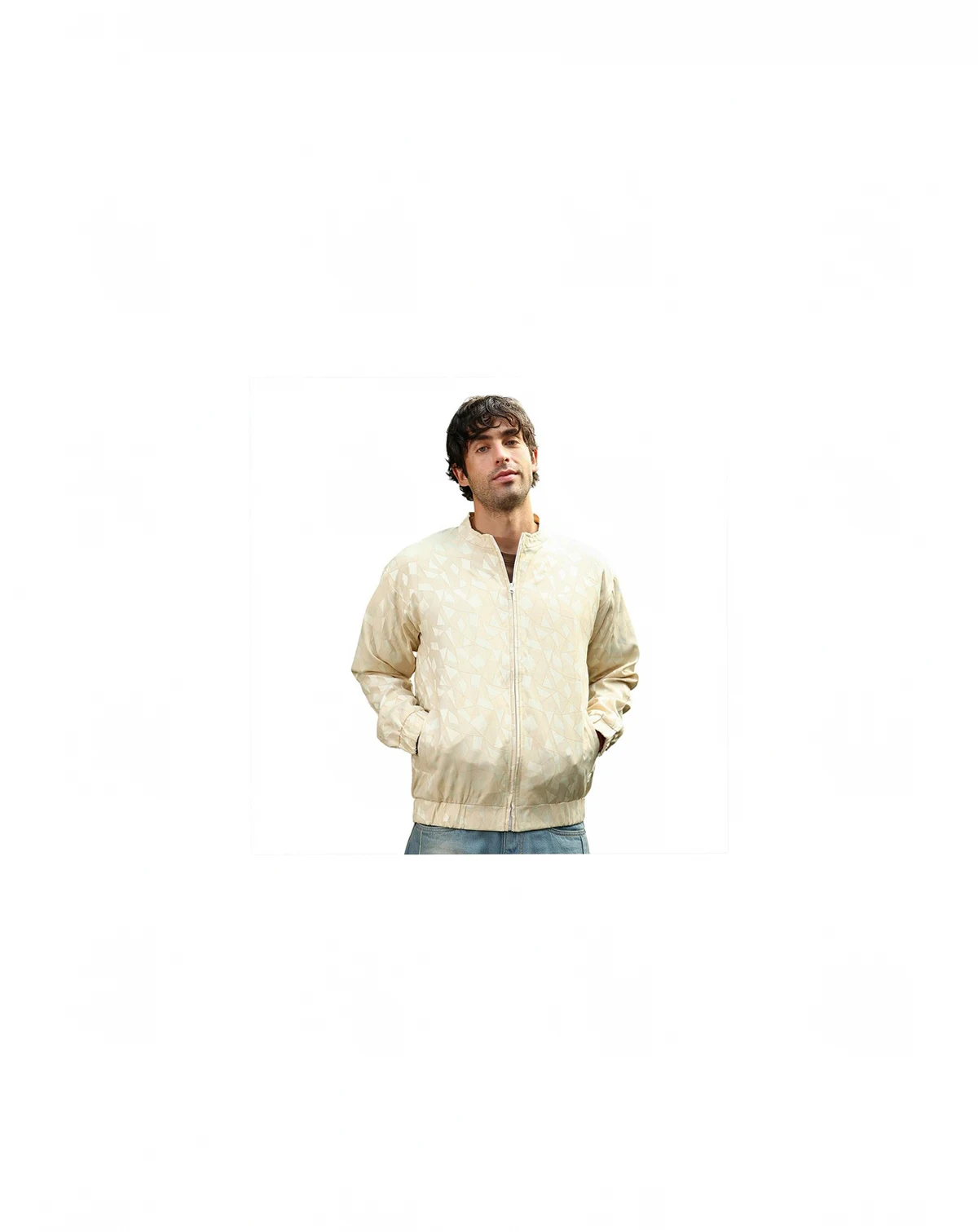 Men's Cream White Mozaic-Jacquard Bomber Jacket