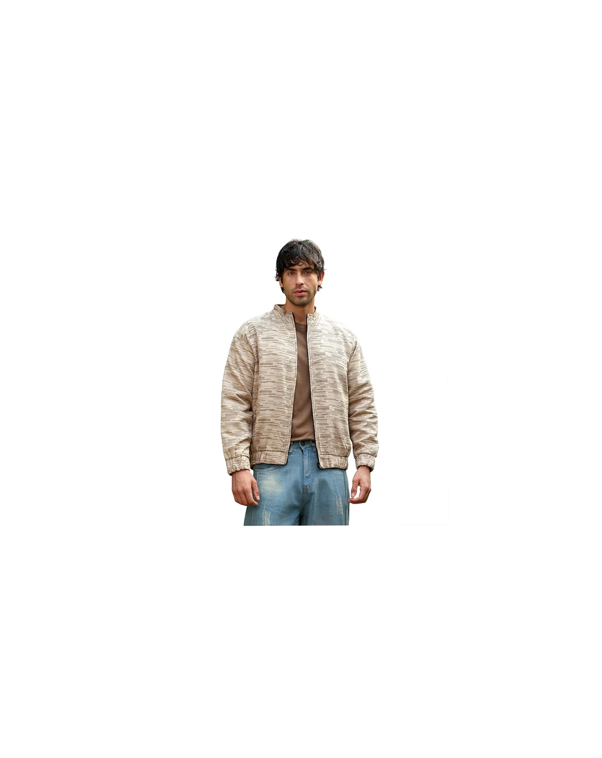 Men's Khaki Brown Lined-Jacquard Bomber Jacket