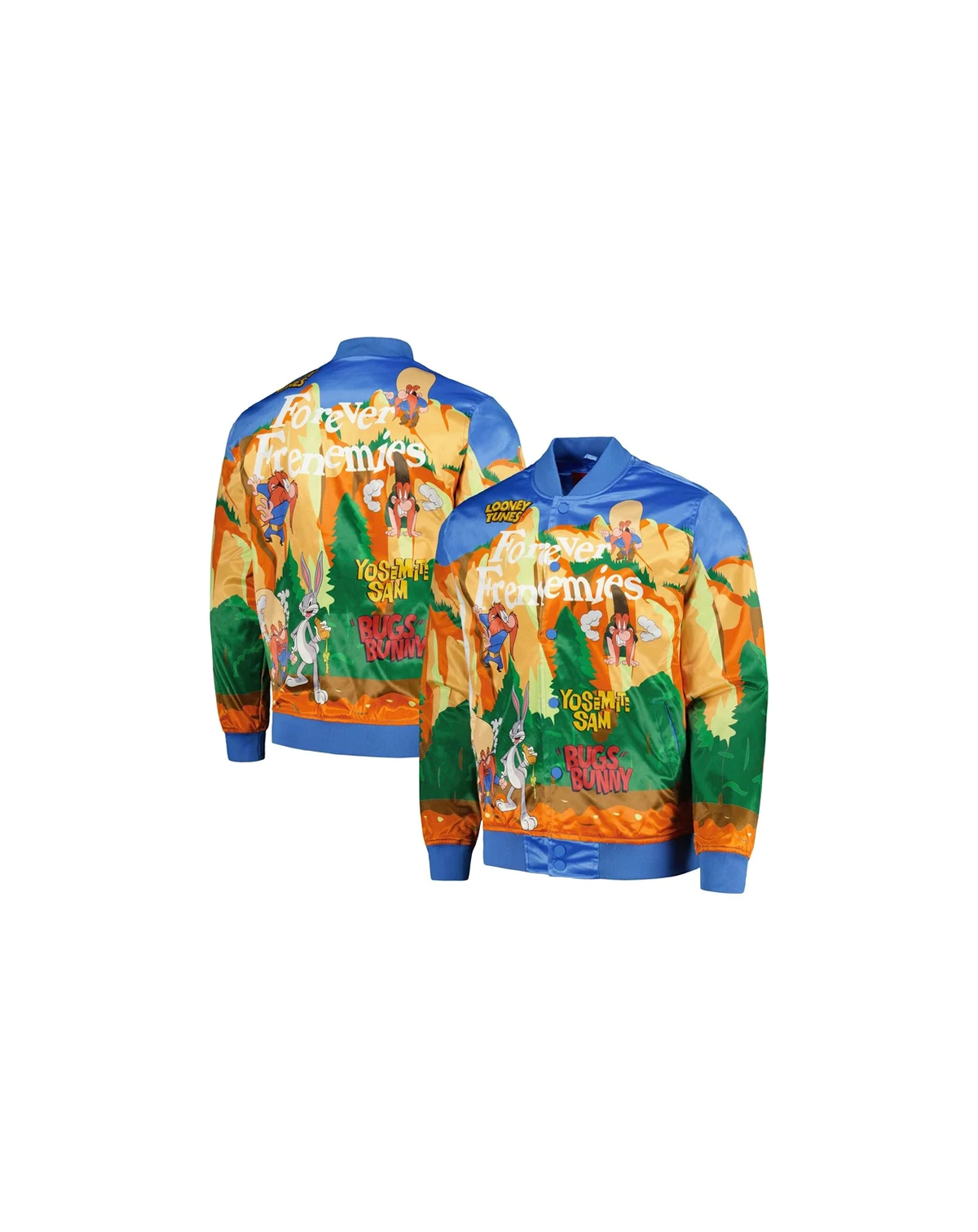Men's Blue Looney Tunes Graphic Satin Full-Snap Jacket