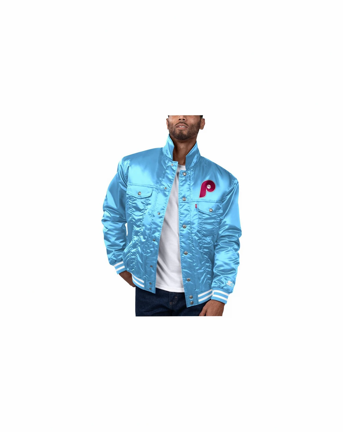 Levi’s x Starter Men's Light Blue Philadelphia Phillies Silver Tab Satin Full-Snap Trucker Jacket