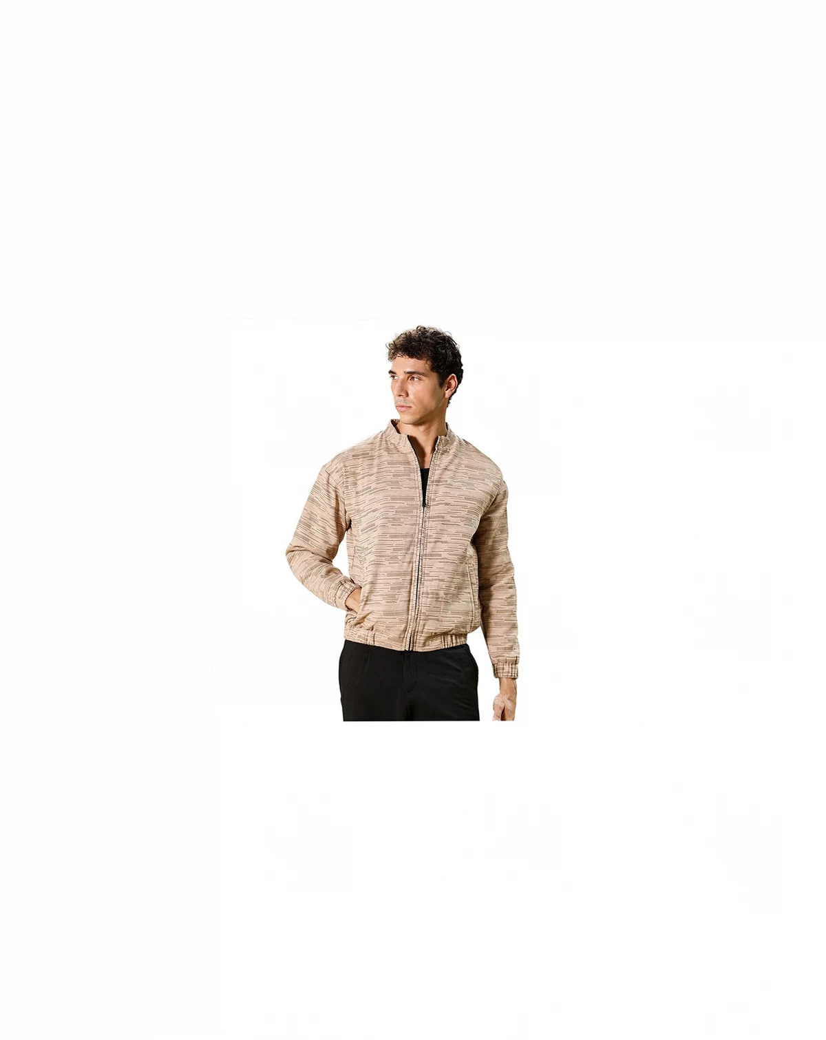 Men's Sand Beige Lined-Jacquard Bomber Jacket