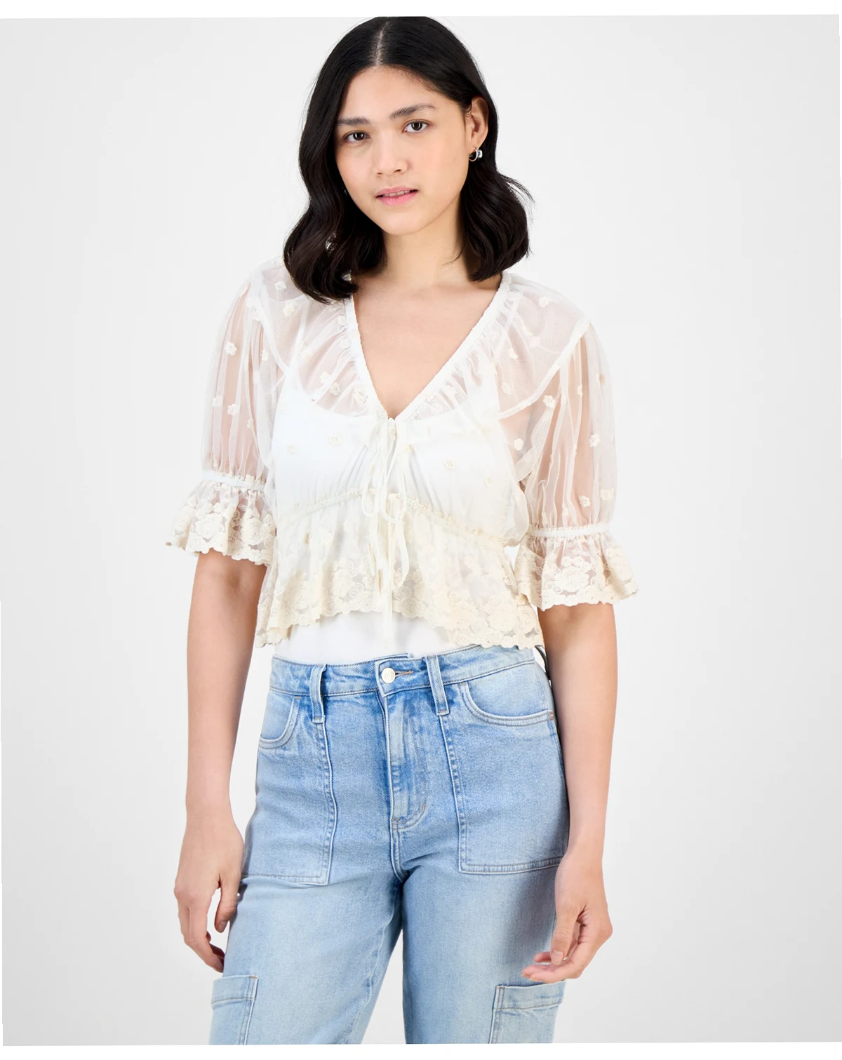 Women's V-Neck Ruffle-Trim Mesh Top, Exclusively at Macy's