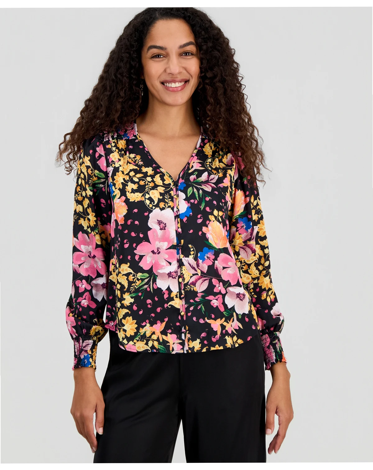 Women's Printed V-Neck Pleated-Back Top
