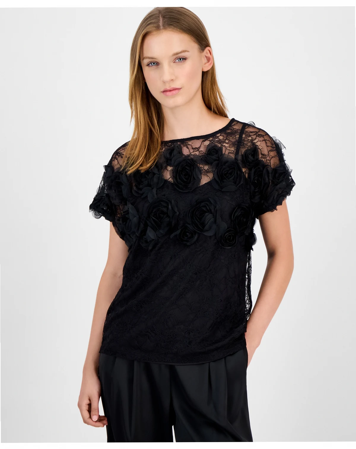 Petite Rosette Lace Boat-Neck Top