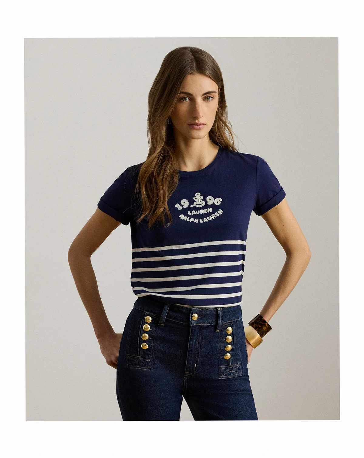 Women's Striped Embroidered Logo Crewneck T-Shirt