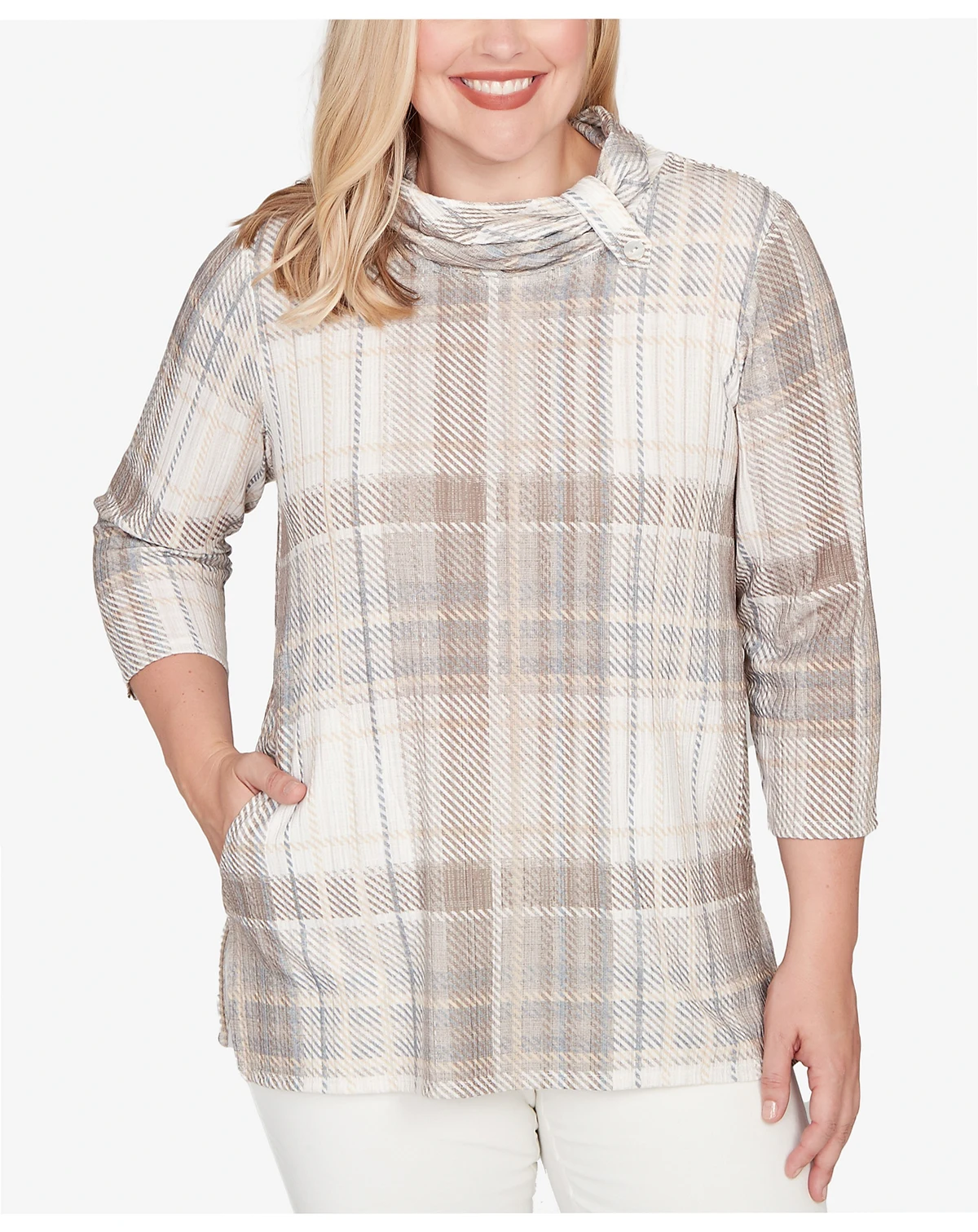 Petite Vienna Draped Cowl Neckline Plaid Knit Top