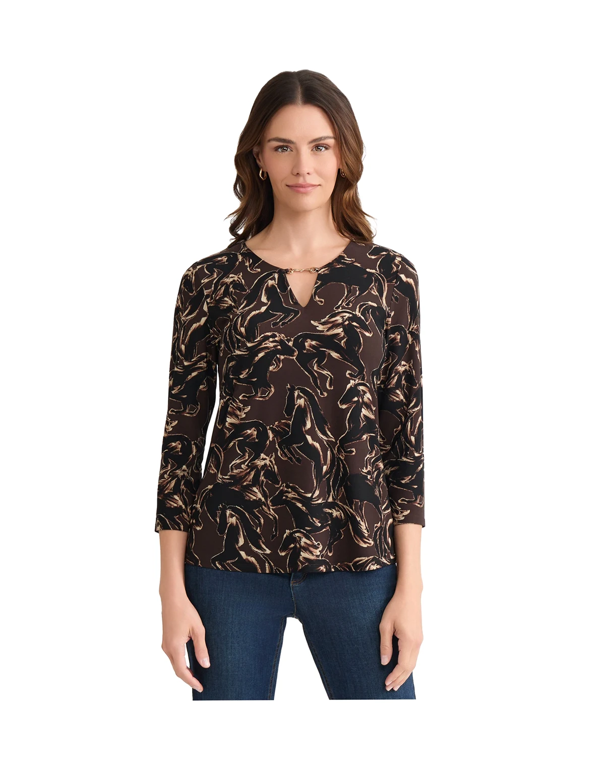 Women's Trimmed V-Neck Printed Top