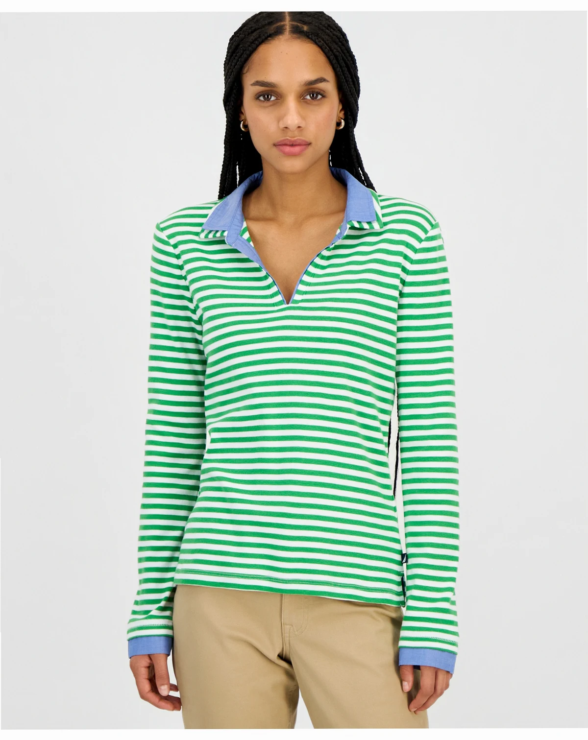 Nautica Women's Striped Double Collar Long Sleeve Cotton Shirt