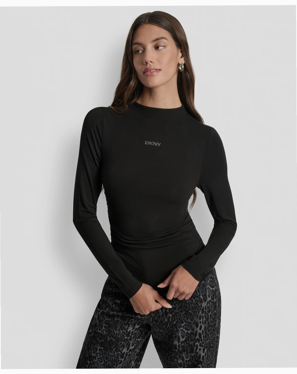 Women's Side Ruched High Neck Long Sleeve Top With Rhinestud Logo