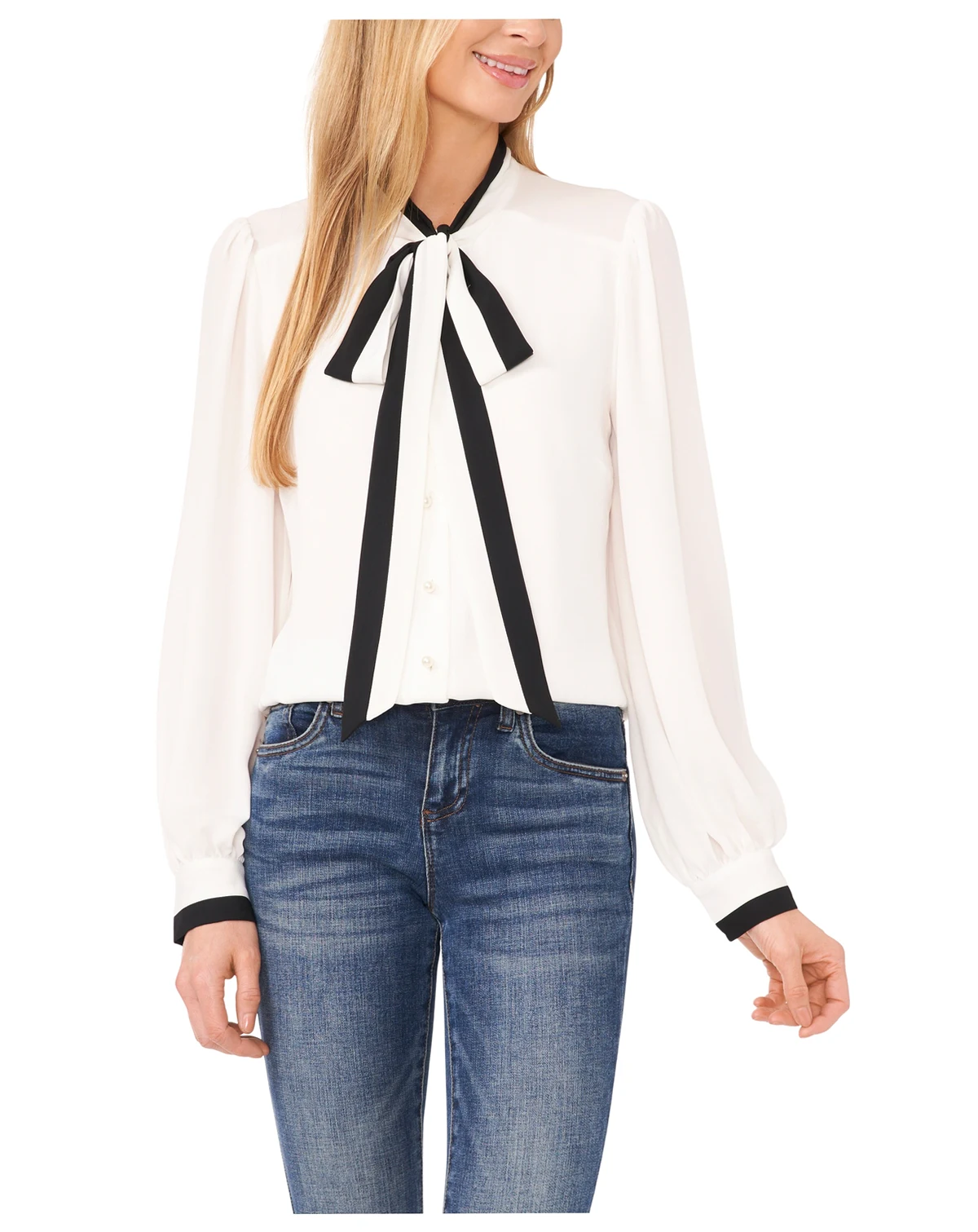 Women's Long-Sleeve with Split Contrast Neck Tie Top