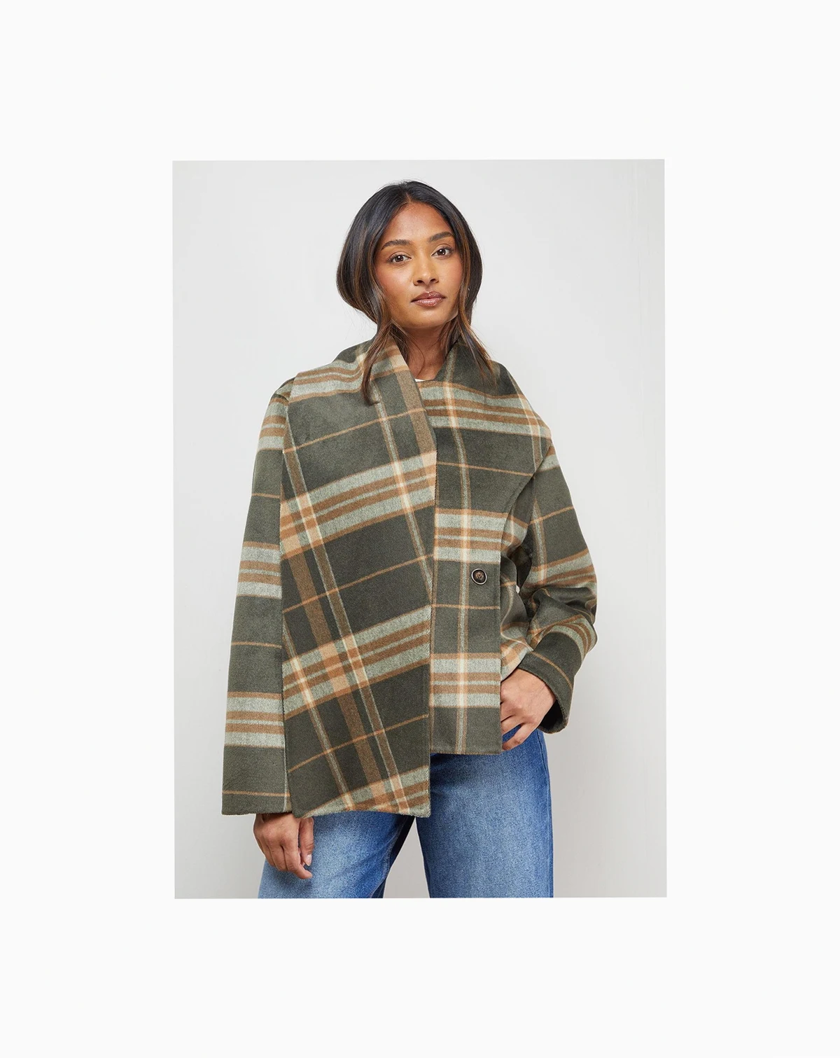 Women's Check Scarf Longline Jacket Coat